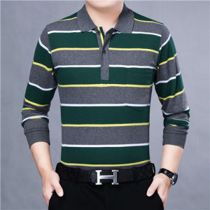 100 Cotton Real Pocket Young and Middle-aged T-shirt Mens Striped Lapel Long-sleeved Polo Shirt Dad Outfit