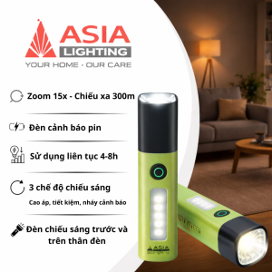 Đèn pin cầm tay siêu sáng chính hãng Asia chiếu xa 500m zoom 15X thân nhôm đúc nguyên khối pin khỏe liên tục tới 15H