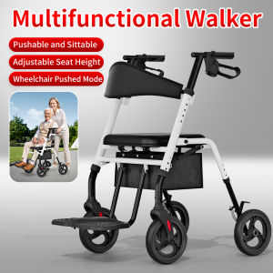 3 IN 1 Foldable Push Wheelchair and Walker with Shopping BagMulti-functional Walking Aid Height Adjustable trolley folding rehabilitation anti-fall hand wheelchair