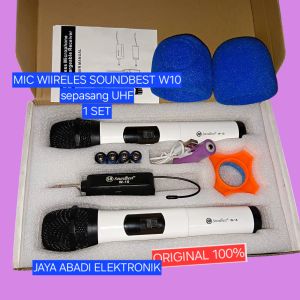 H32 SOUNDBEST W 10 W10 SOUND BEST Microphone Wireles Resiver Mini MIK MIC MIX DUAL SEPASANG 1 SET KARAOKE VOKAL VOCAL WIRELESS AUDIO MIKROPON MIKROFON UHF LED DIGITAL UNIVERSAL MICROPHONE PRO PROFESIONAL DJ MC SINGER Deskripsi MIC WIRELESS SOUNDBEST W10