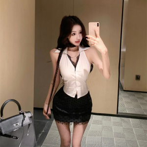 Áo sơ mi gợi cảm cổ chữ V giả hai mảnh ren dây treo cho nữ mùa hè