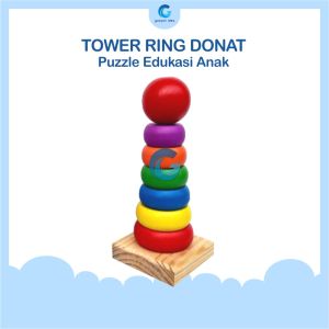 Mainan Edukasi Anak Ring Donat Kayu Pelangi - Puzzle Kayu Rainbow Tower Menara