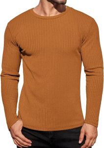 Ekouaer  Mens Long Sleeve Shirt Ribbed Pullover Sweater  SIM  Slim Fit Warm Top Round Neck Elastic Sweatshirt