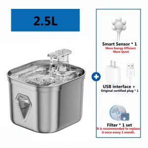 2.5L Stainless Steel Cat Water Fountain Automatic Water Dispenser For Cat Dog Pet Smart Water Fountain With Ultra-Quiet Pump And Water Level Window