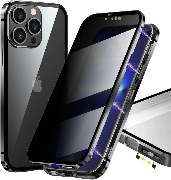 360 Magnetic Privacy Tempered Glass Case for iPhone 15 14 13 12 11 Pro Max  Plus Aluminum Metal 360 Protective Magnet Phone Case Front and Back Cover 
