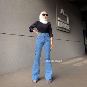 Jhoin Fashion - Celana Jeans Wanita - Highwaist Cutbray Cargo Terbaru - Celana Wanita Kekinian ootd
