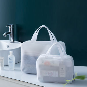 กระเป๋าแต่งหน้าตาข่ายกันน้ํากระเป๋าเครื่องสําอางใสสีขาว Zip Travel Toiletry Kit for Women