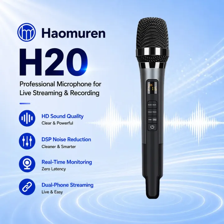 Haomuren H20 Mikrofon Kad Bunyi Dinamik, AI Pengurangan Hingar & Fideliti Tinggi, DSP Pintar & Pemantauan Masa Nyata, Bluetooth + OTG Plug-and-Play, Untuk efon