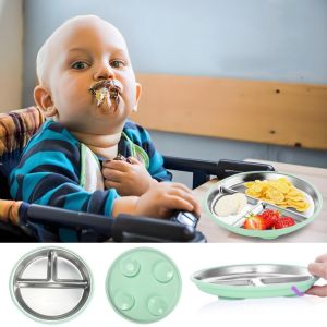 A4QUT Divided Design Suction Cup Kids Plates Silicone Shell 304 Stainless Steel Baby Sucker Dining Plate Durable Anti-fall Kids Feeding Bowls For Toddlers