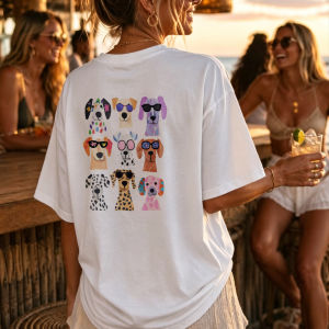 [Local Stock] HBESTY  Funny Cartoon Dogs Colorful Faces Graphic Print Oversized Fit Short Sleeve T-Shirt for Beach Style Summer Beach Vacation Tops