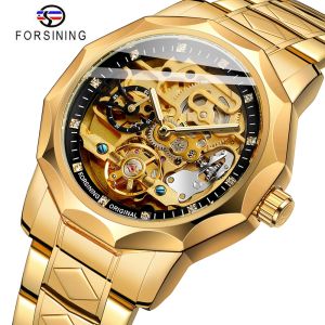 Forsining automatic watch fashion luxury stainless steel mens mechanical hollow watch diamond decoration dial man clock. Gifts for men