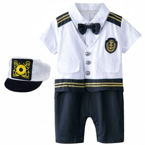 Seaman Costume for Kids Boy Nautical Outfits Infant Boys Sailor Skipper Romper with Hat Navy Blue Seafarer Short Sleeves Clothes Set 3 PCS