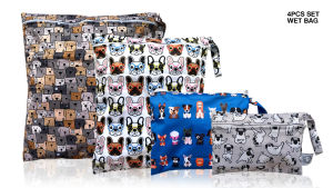 FLOCK THREE 4pcs Bundle Waterproof and Reusable Wet Bag Diaper Stroller Water Resistant Swimsuit Travel Toiletries Yoga Gym Washable Carrier Small Medium Large 4 Pack