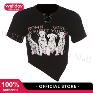 Wellday Chic Design Pin Style Korean Dalmatians Dog Printed irregular Women Girl Tshirt Crop Top