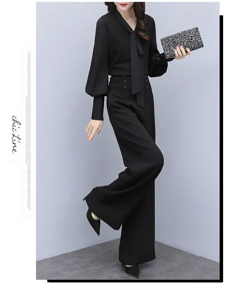 Korean Style Women Elegant Wide Leg Suit Pants Fashion Black