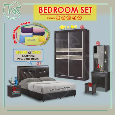 TW (KL & Selangor) Ready Assembled (SET C) 4 FT Queen/King size Bedroom Set/4 Feet Wardrobe/Dressing Table/Bed Side Table/Divan/Bedframe