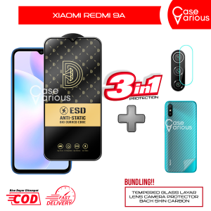 Paket 3in1 Tempered Glass Xiaomi Redmi 9A Anti Gores Layar Anti Static Free Tempered Camera+Skin