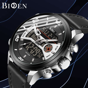 BIDEN Jam Tangan Pria Olahraga Militer Analog Pria Olahraga Multi Fungsi Pria Dial S Anti Air Atas Bisnis Jam Tangan Chronograph Gelang Kulit Tahan Air Jam LED