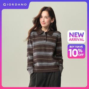GIORDANO Women Sweaters Lace Collar Half Button Placket Sweaters Striped Fashionable Casual Relaxed Sweaters 18356322