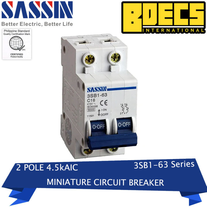 Sassin Miniature Circuit Breaker 2 Pole 4.5kAIC 3SB1-63 Series Original ...