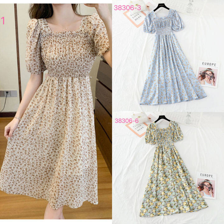 Korean Style Casual Attire Square Neck Puff Sleeve Floral Smocked Midi ...