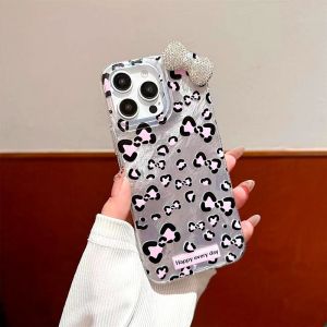 Sparkling Diamond Bowknot Compatible with Apple 16promax Leopard Print Couple Phone Case 13 Three-Dimensional 14/15pro Girls Shell