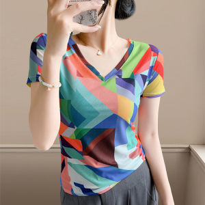 Áo Phông Cổ Chữ V Tay Ngắn Yimei áo phong cách Châu Âu ôm vừa và sành điệu áo in hình lưới thời trang mùa hè 2025