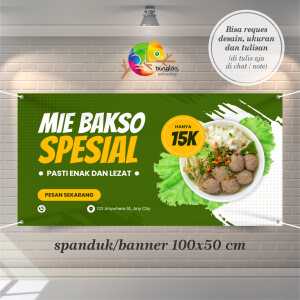 Cetak Spanduk Banner Hijau dan Kuning Modern Mie Bakso Spesial
