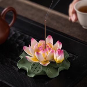 KODUS Zen Chinese Style Lotus Incense Burner Ceramics Sleep Aid Lotus Censer Holder Great Gift Item Ornament Lotus Incense Stick For Household Aroma