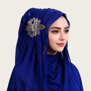 COUPLECOL Light Luxury Chiffon Hijab Shiny Rhinestone Flower Decor Head Wrap Turban Soft Solid Color Long Scarf Daily Wear