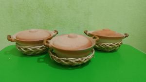 Set 3 nồi đất kho tộ 350ml có trán men 15 cm ( tặng kèm rế tre)