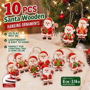 10Pcs Santa Theme Wooden Hanging Pendants 2D Flat German Style Xmas Tree Home Party Decor