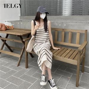 IELGY Đầm Dệt Kim Pháp Dáng Dài Kẻ Sọc Ôm Cạp Cao Cho Nữ