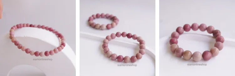 RHODONITE หินโรโดไนต์ สีชมพู เลือกขนาดเม็ดหินได้ (4-12 มม.) หินแห่งความสงบของจิตใจ สร้อยข้อมือหินแท้