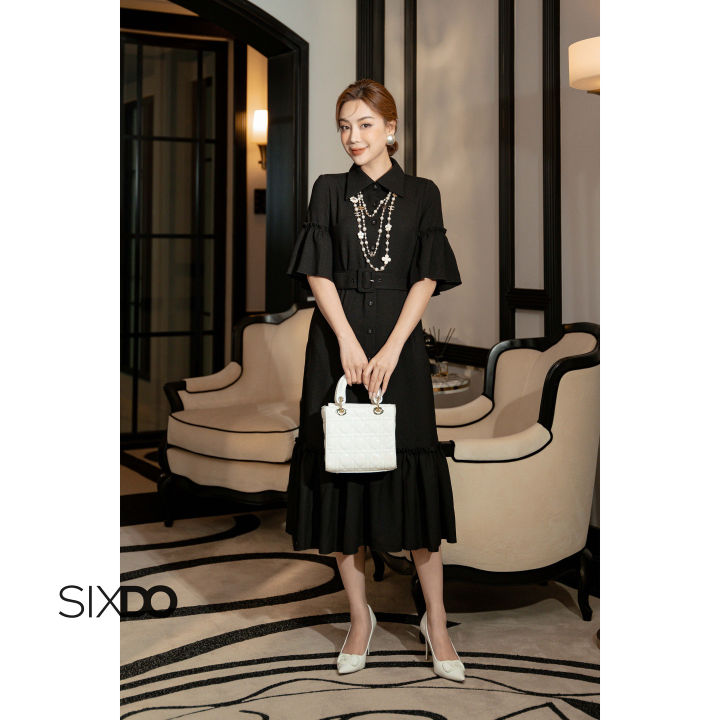 Đầm sơ mi tay bèo kèm thắt lưng thời trang SIXDO (Black Flute Sleeves ...