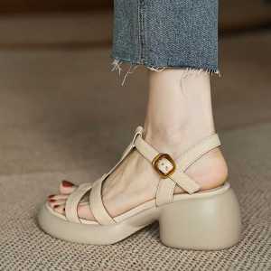 [Free Shipping] Soft Leather High Heels For Women New Summer Style Soft-Soled Retro Platform Sandals With Open Toes And Chunky Heels
