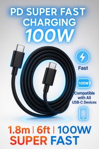 100W PD Super Fast USB-C to USB-C Cable 1.8m | Type-C Charger Cable for Phone Laptop Tablet