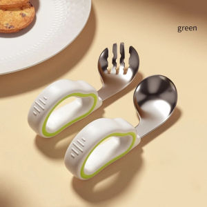 1 Set Sendok Garpu Bayi Anak Stainless Steel SUS316 Training Spoon Baby Spoon & Fork Sendok Mpasi Bayi Silikon Melengkung - Sendok Garpu Anak PERLENGAKAPAN MPASI Sendok Belajar Makan Sendiri Bayi 6 Bulan - Set Sendok Garpu Anak 1 Tahun