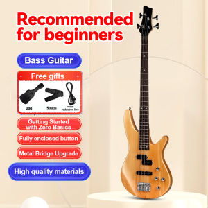MINSINE Bass Guitar Full Size 4 String Exquisite Stylish Bass with Power Line and Wrench Tool  Natural Wood Color Electric Bass Guitar