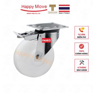 Bánh xe nylon trắng (PA) nanotech càng Inox 304 xoay có khóa kép - 80-125mm - Happy Move Thái Lan