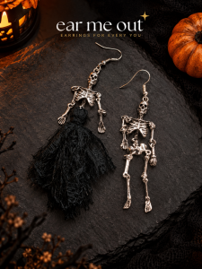[SG] Midnight Skeleton Earrings | Halloween Gothic Skeleton Drop Earrings | Movable Joint Hook Earrings | ear me out (EMO-247)