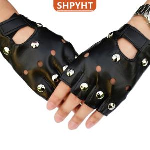 [COD] SHPYHT SPORTS Leather Fingerless Short Gloves Black s Stud Half Finger Mittens Fashion