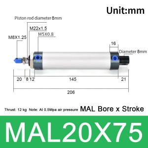 AODDO 1Pcs Đường kính xi lanh 16/20/25/32/40mm Xi lanh khí nén Nén đôi Hành trình 25/50/75/100mm Xi lanh MAL Bền bỉ Hợp nhôm Xi lanh mini