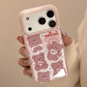 Korean Cute Cartoon Bear Drop Glue Glitter Phone Case For iPhone 17 Air 16 15 14 13 Pro Max Shockproof Hard Cover
