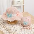 SKISOPGO Kids Girls Straw Hat Bag Set Outdoor Beach Hat Bow Lace Wide Brim Fisherman Cap Hat Topi Beg Kanak. 