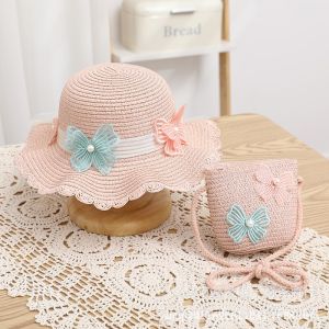 SKISOPGO Kids Girls Straw Hat Bag Set Outdoor Beach Hat Bow Lace Wide Brim Fisherman Cap Hat Topi Beg Kanak