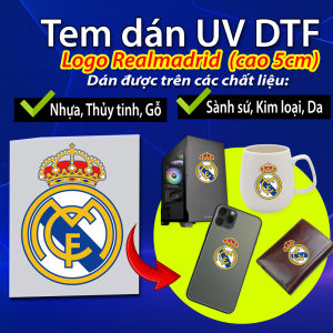 Tem UV DTF Sticker logo Real Madrid Kền kền trắng cao 5 cm. Dán: Nhựa thủy tinh kim loại da sành sứ gỗ. Không thấm nước