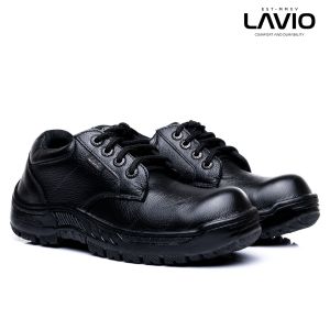 Sepatu Safety Boots Lavio Kulit Asli Hitam dengan Ujung Besi dan Sabuk Penyaringan - Baja Besi Anti Air