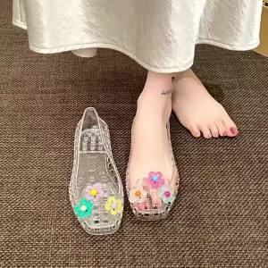 [Free Shipping] New Korean-Style Jelly Shoes For Women Casual Floral Flat Crystal Shoes Square-Toed Shallow Slip-On Shoes Lazy Hole Shoes