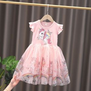 332Girl Unicorn Dress Cartoon Rainbow Sequins Short Sleeve Round Neck Summer Baby Girl Dress Kids Clothes